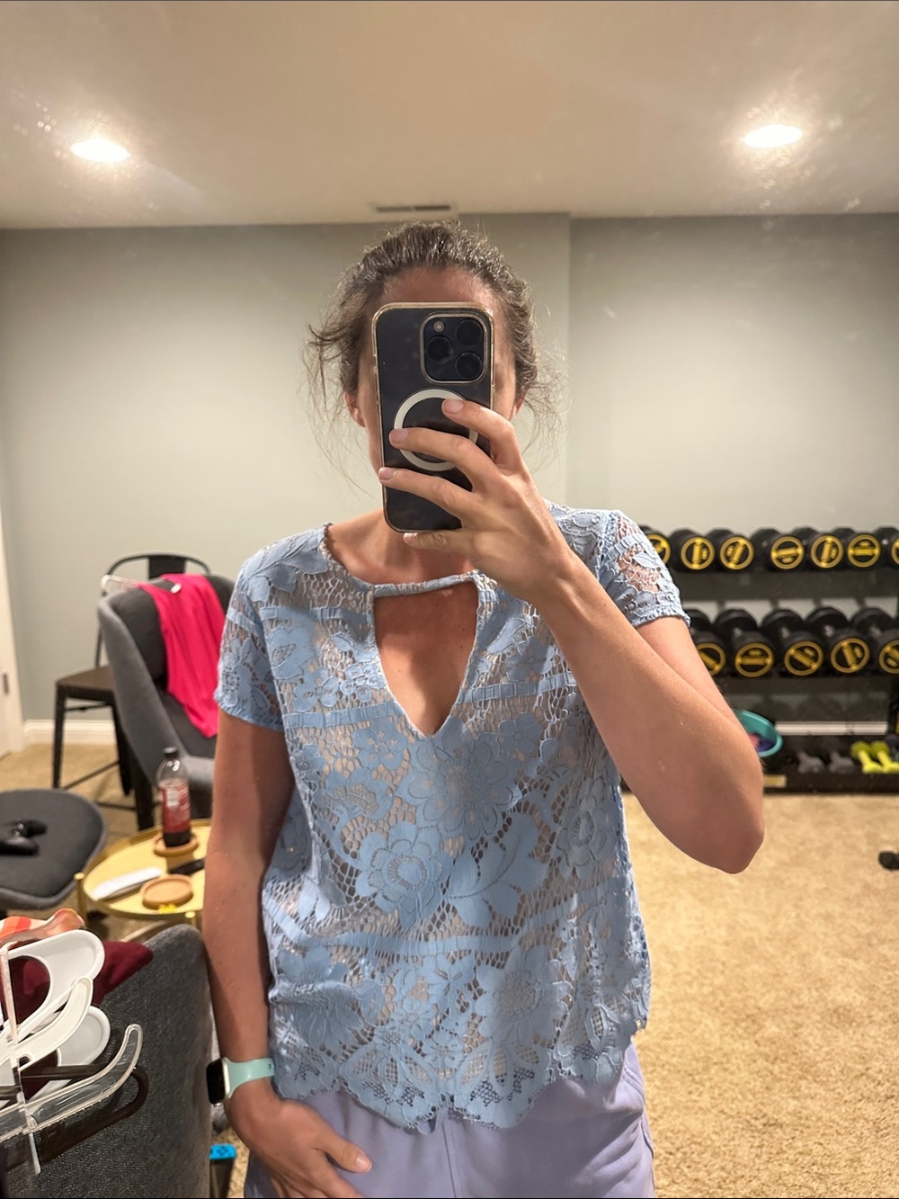 Express Light Blue Lace Keyhole Blouse